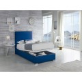 Elegantní jednolůžková čalouněná postel Piccolo z ekokůže modré barvy s úložným prostorem