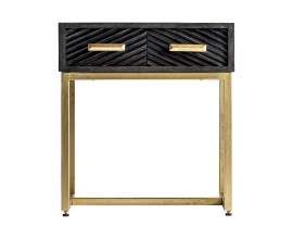 Art-deco designový černý masivní noční stolek Romienn se šuplíky na zlatých nohou 62cm