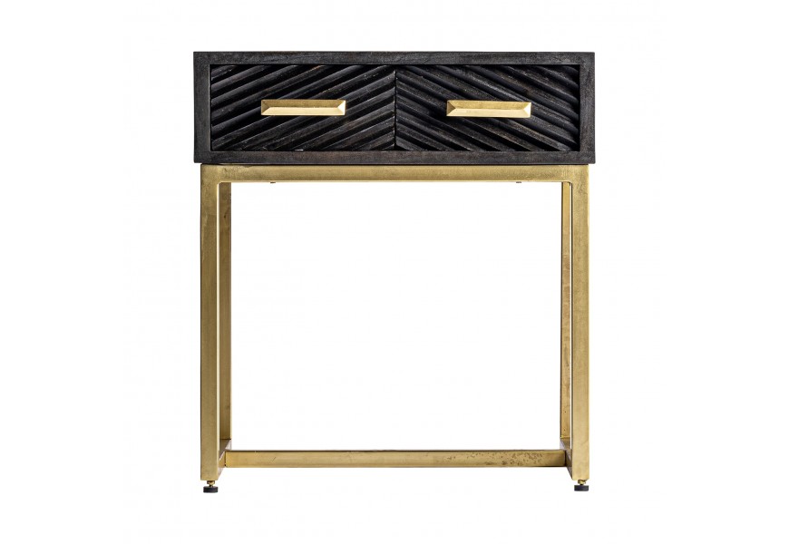 Designový moderní černý noční stolek Romienn na zlatých nohách z mangového dřeva se šuplíky