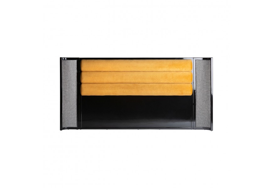 Art-deco čelo postele Bellow v lesklém černém provedení s hořčicově žlutým sametovým čalouněním 224cm