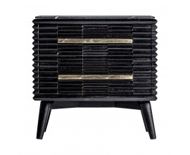 Luxusní art-deco noční stolek Plissé Nero v černém provedení z masivního dřeva s mramorovou vrchní deskou 65cm