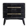 Art-deco noční stolek Plissé Nero z černého mangového dřeva s mramorovým vrchem a zlatými rukojeťmi