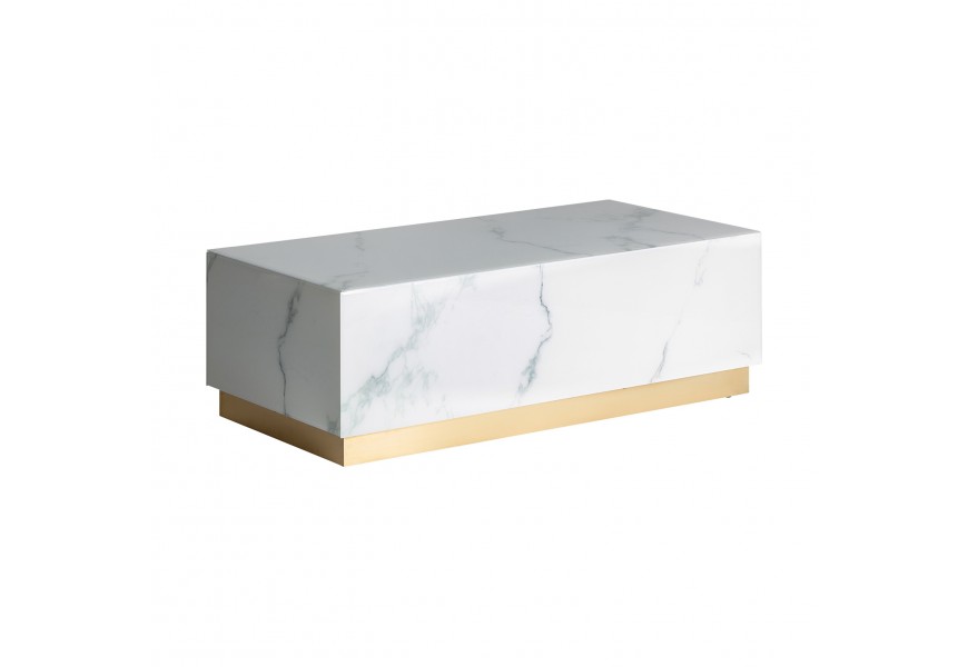 Luxusní art-deco TV stolek Moraira v bílé barvě s mramorovým vzorem a zlatou podstavou