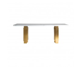 Art-deco luxusní skleněný jídelní stůl Moraira bílé barvy se zlatým kovovým nohama 220cm