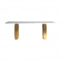 Art-deco luxusní skleněný jídelní stůl Moraira bílé barvy se zlatým kovovým nohama 220cm