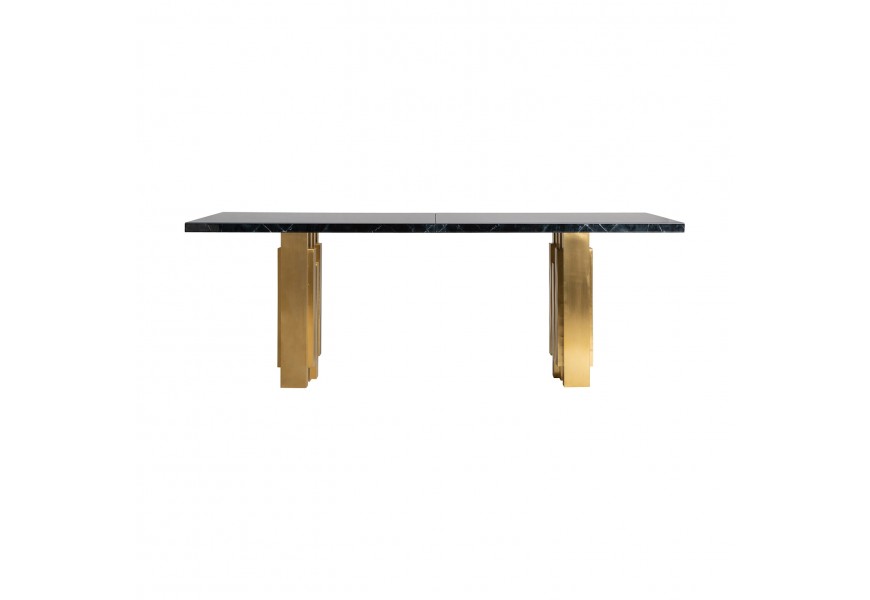 Art-deco skleněný černý jídelní stůl Moraira se zlatým kovovým nohama 220cm