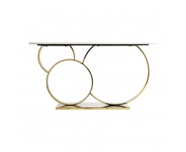 Luxusní art-deco konzolový stolek Desna s bílou mramorovou vrchní deskou a kovovou zlatou podstavou ve tvaru kruhů 145cm