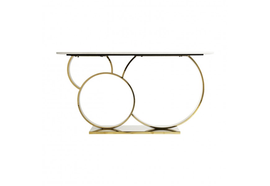 Bílý mramorový konzolový stolek Desna ve stylu art-deco s kovovou oválnou podstavou ve zlaté barvě