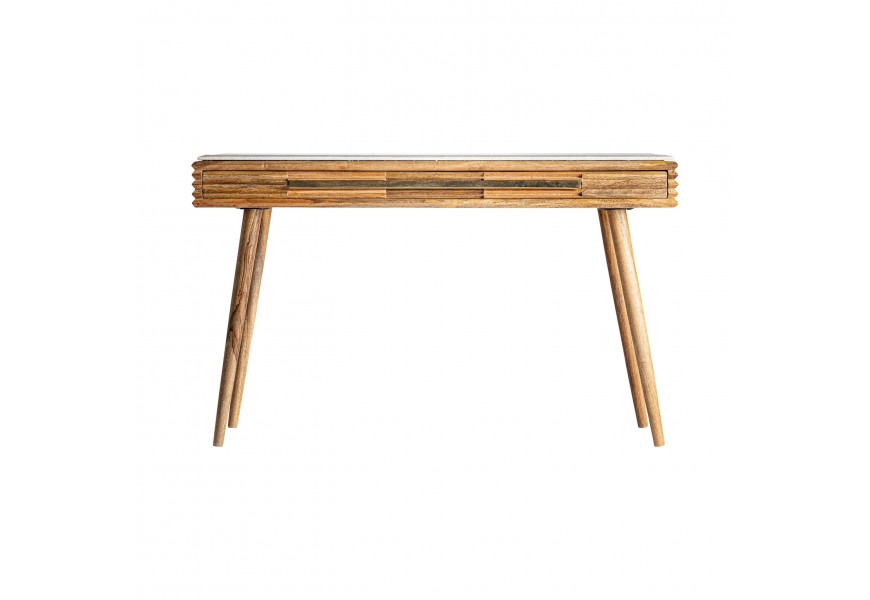 Luxusní mramorový konzolový stolek Plissé Nature z přírodně hnědého dřeva se šuplíkem a zlatou rukojetí