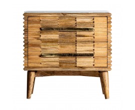 Mramorový noční stolek Plissé Nature a masivního dřeva v naturální hnědé barvě se zásuvkami a zlatými rukojeťmi 65cm