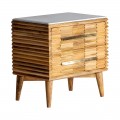 Mramorový noční stolek Plissé Nature a masivního dřeva v naturální hnědé barvě se zásuvkami a zlatými rukojeťmi 65cm