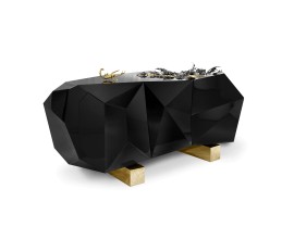 Luxusní lesklá art-deco komoda z černého dřeva s pozlacenou podstavou a mosaznými brouky Diamond Metamorphosis