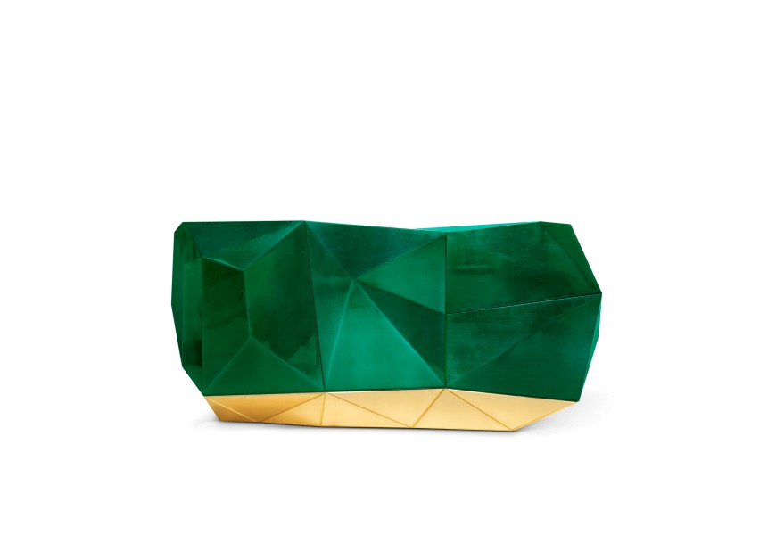Exkluzivní moderní postříbřená komoda ve stylu art-deco z masivního dřeva s pozlacenou podstavou Diamond Emerald