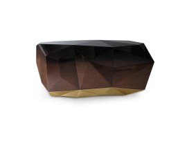 Luxusní moderní příborník z masivního dřeva s lesklou povrchovou úpravou a pozlacenou podstavou Diamond Chocolate 185 cm