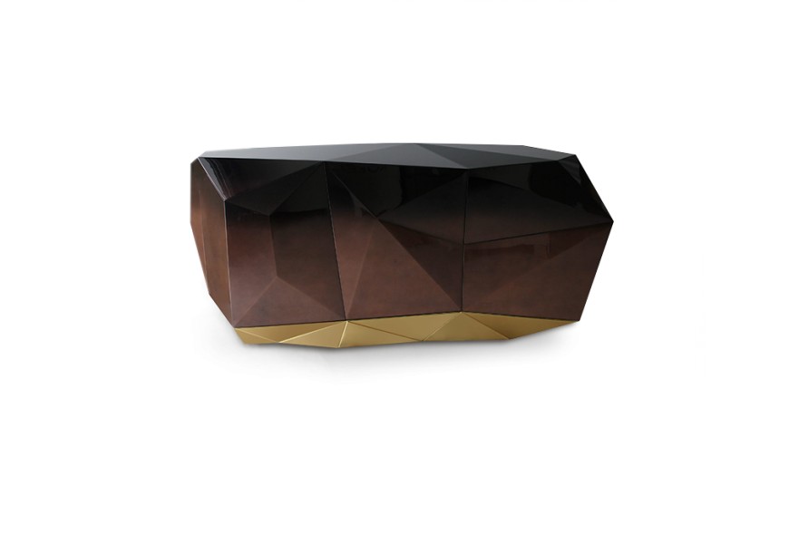 Luxusní moderní příborník z masivního dřeva s lesklou povrchovou úpravou a pozlacenou podstavou Diamond Chocolate 185 cm