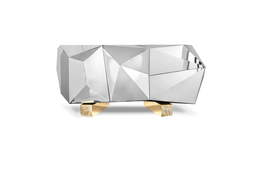 Luxusní stříbrný příborník ve stylu art-deco s lesklou povrchovou úpravou na mosazných nohách s odlévanými detaily Diamond Pyrit