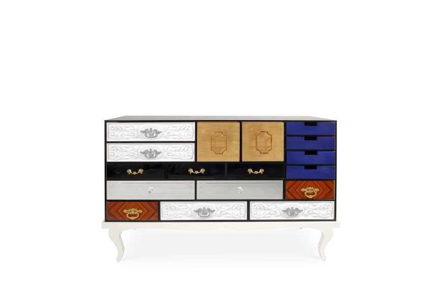 Luxusní moderní komoda Mondrian z lakovaného masivního dřeva s 15ti designovými šuplíky a dvěma dvířky