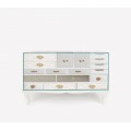 Exkluzivní moderní dřevěná komoda Mondrian bílé barvy se 17ti designovými zásuvkami a pozlacenými rukojeťmi 140cm