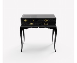 Luxusní černý noční stolek Mondrian z lakovaného masivního dřeva a černého skla se zlatými detaily a klasickými prvky 63 cm