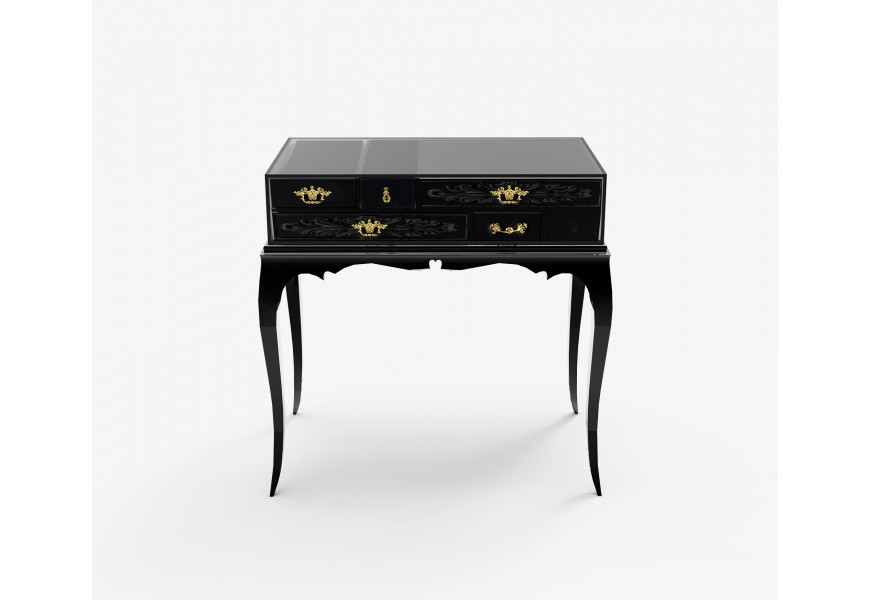 Luxusní černý noční stolek Mondrian z lakovaného masivního dřeva a černého skla se zlatými detaily a klasickými prvky 63 cm