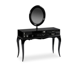 Luxusní toaletní stolek z černě lakovaného mahagonového masivu a černého tvrzeného skla s oválným zrcadlem