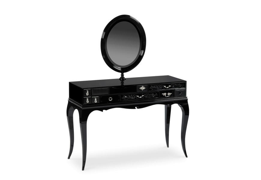 Luxusní toaletní stolek z černě lakovaného mahagonového masivu a černého tvrzeného skla s oválným zrcadlem