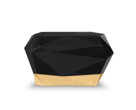 Luxusní černý noční stolek ve stylu art-deco z lakovaného masivního dřeva s pozlacenou základnou