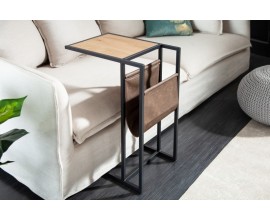 Industriální příruční stolek pro laptop Maquina s černou kovovou konstrukcí a hnědým vakem pro odklad z eko kůže 65cm