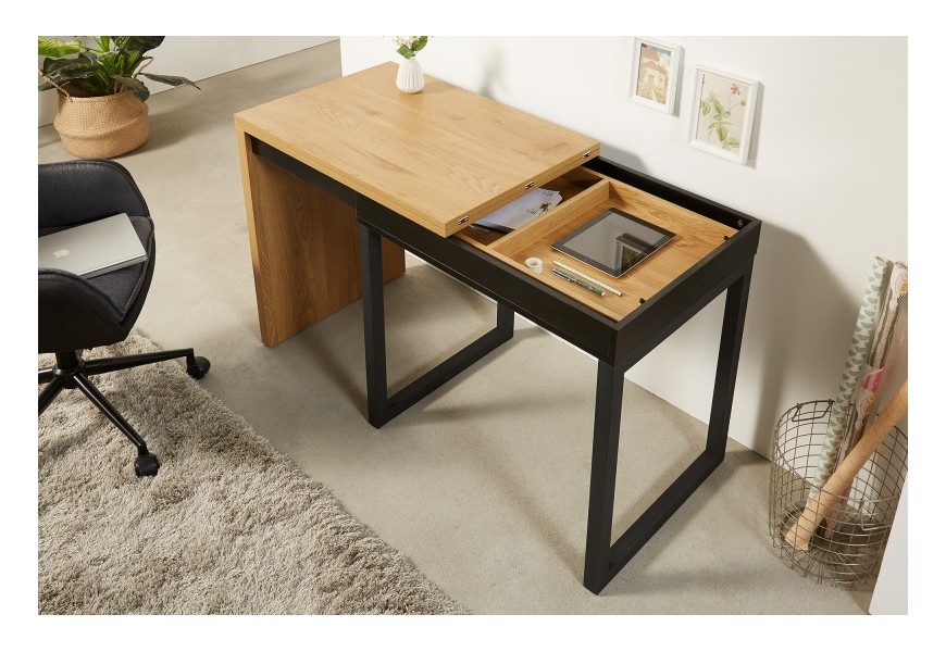 Designový psací stolek Westford s rozkládacím mechanismem a dřevěnou deskou vsazenou do černé kovové konstrukce