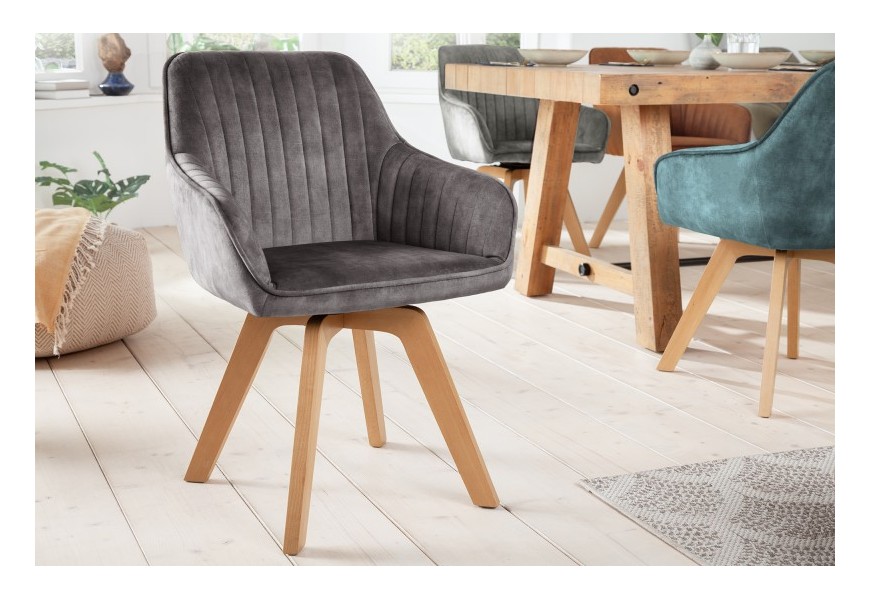 Luxusní šedá designová jídelní židle Caballet s opěrkami na ruce a sametovým potahem