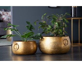 Orientální designový set nízkých zlatých květináčů Cobre ze slitiny kovu s kulatými rukojeťmi 37m