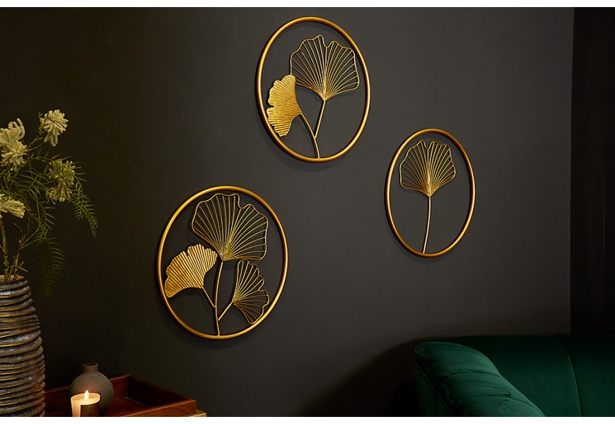 Moderní set florálních kulatých nástěnných kovových dekorací Biloba II zlaté barvy 40cm