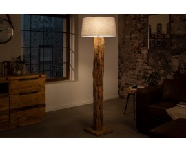 Dřevěná Etno stojící lampa Adelise z teakového dřeva s šedým lněným stínítkem 134cm