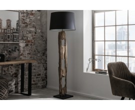 Etno stojící lampa Adelise s dřevěnou podstavou a černým stínítkem 177cm