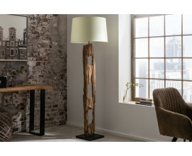 Moderní designová stojací lampa Adelise v etno stylu s dřevěnou podstavou as bílým stínítkem 177cm