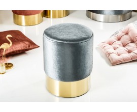 Designová art-deco kruhová taburetka Modern Barock s textilním potahem šedé barvy a se zlatou kovovou podstavou