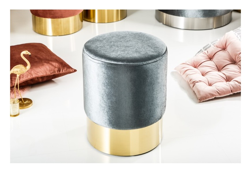 Designová art-deco kruhová taburetka Modern Barock s textilním potahem šedé barvy a se zlatou kovovou podstavou