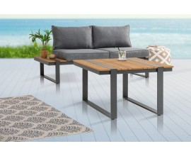 Industriální designový zahradní stolek Acostado čtvercového tvaru ze dřeva hnědé barvy s šedými kovovými nohami 80cm