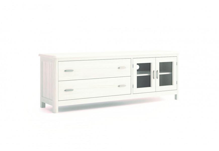 Luxusn&iacute; modern&iacute; TV stolek Cerdena z masivn&iacute;ho dřeva se dvěma &scaron;upl&iacute;ky a skleněn&yacute;mi dv&iacute;řky 171cm