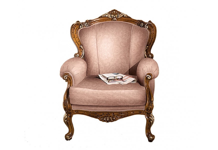 Luxusní rustikální křeslo Emociones z masivního dřeva hnědé barvy s vyřezávanými prvky a s růžovým potahem
