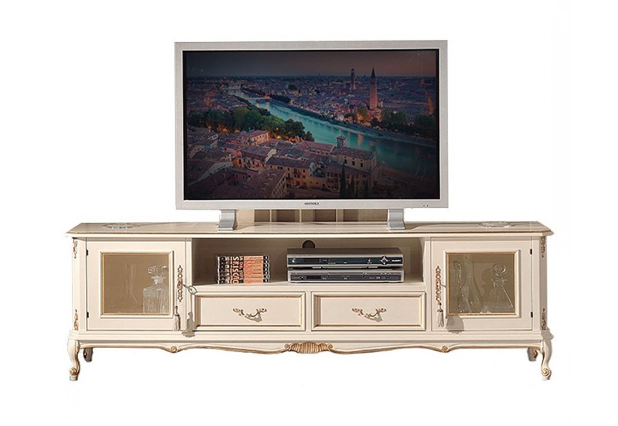 Luxusní barokní TV stolek Emociones s poličkami a šuplíky krémové barvy se zlatým rustikálním zdobením