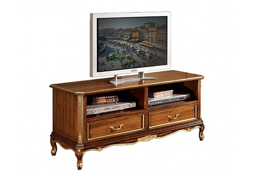 Luxusní klasický TV stolek z masivu s vyřezávanou barokní výzdobou na nožičkách s úložným prostorem 120cm
