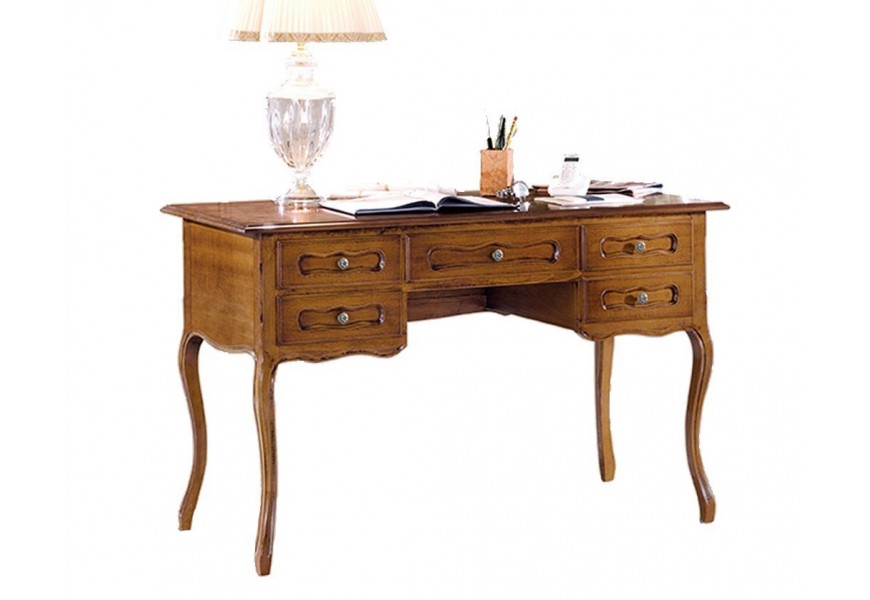 Exkluzivní barokní kancelářský stolek Emociones z masivního dřeva hnědé barvy s rustikálními vyřezávanými nožičkami