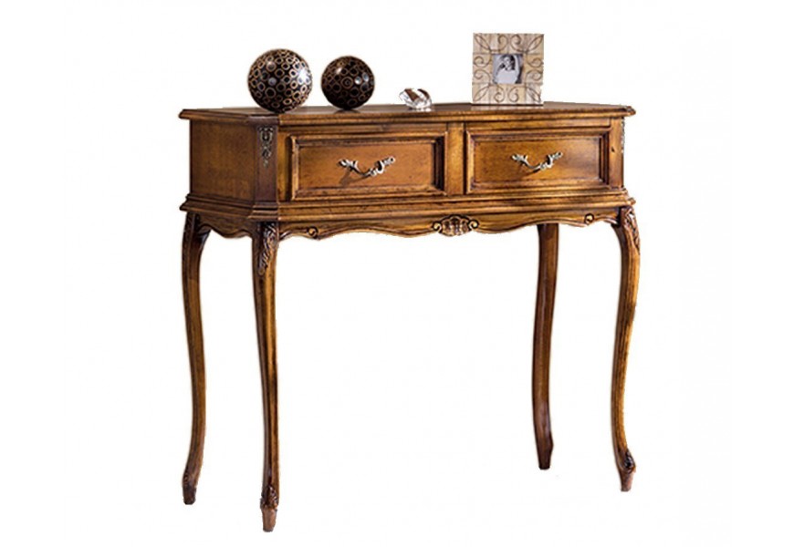 Luxusní barokní konzolový stolek s rustikální výzdobou a dvěma šuplíky na nožičkách