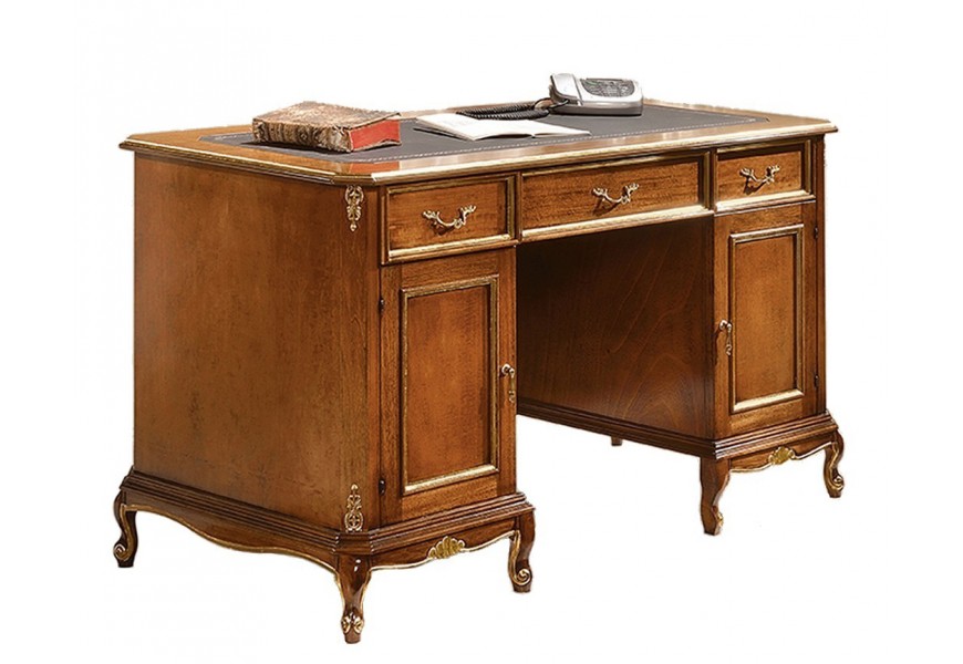 Luxusní klasický psací stůl Emociones z masivního dřeva v hnědé barvě se třemi zásuvkami a dvířky s ozdobnými kovovými prvky