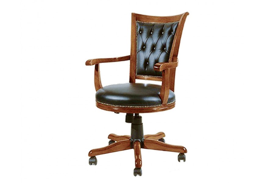 Luxusní rustikální kancelářská židle Emociones z kvalitního masivního dřeva s čalouněním z černé ekokůže s dekorativními druky