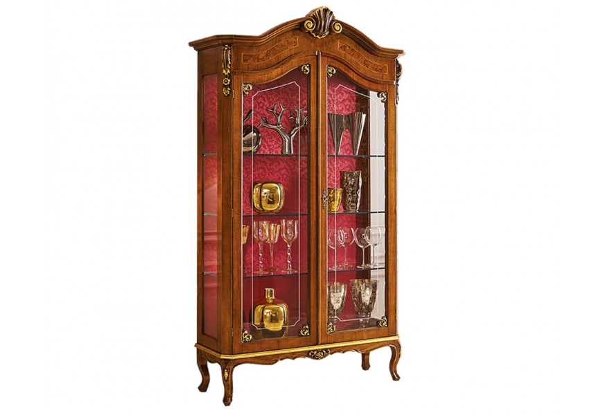 Luxusní klasická prosklená dvoudveřová vitrína Clasica z dřevěného masivu s barokní výzdobou a chippendale nožičkami 210 cm