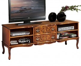 Luxusní rustikální intarzovaný TV stolek Clasica z masivu se čtyřmi poličkami a dvěma šuplíky zdobenými intarzií 158cm