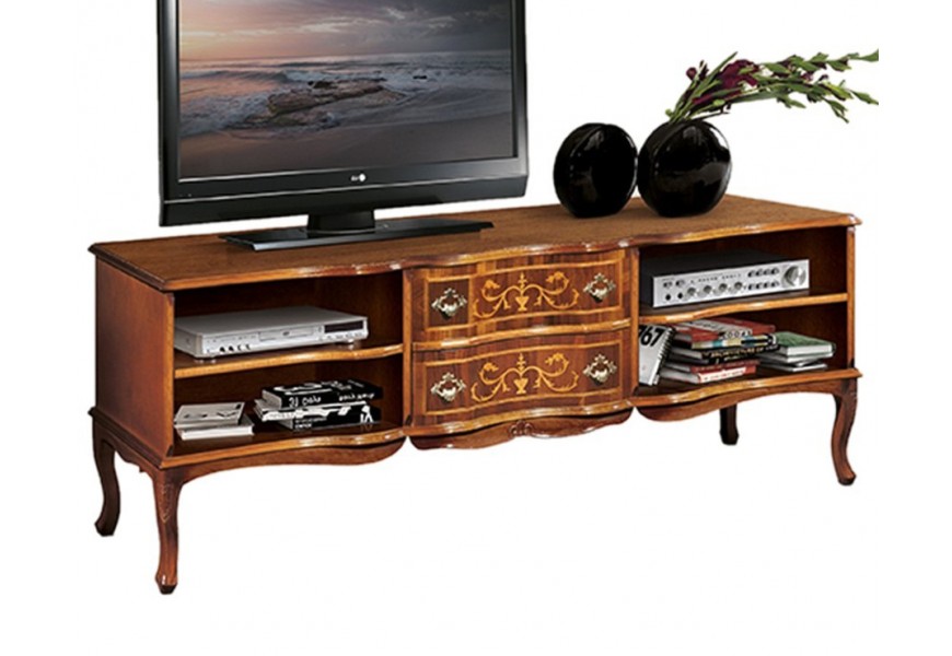 Masivní dřevěný TV stolek Clásica se čtyřmi poličkami a dvěma šuplíky s rustikálním zdobením a vyřezáváním