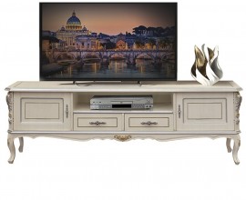 Luxusní klasický TV stolek Clasica z dřevěného masivu s vyřezávanou výzdobou a úložným prostorem na chippendale nožičkách 184cm